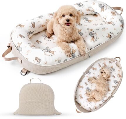Dog Bed for Small Dogs & Cats, Foldable Travel Bed with Removable Bolsters