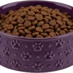 Dog Bowl，Ceramic Dog Bowls, 3 Cups 30.4OZ for Medium Dogs and Puppies，Non-Slip Weighted Pet Bowl, Can be Used as Food Bowl or Water Bowl with Paw Print Pattern (Purple Paw)