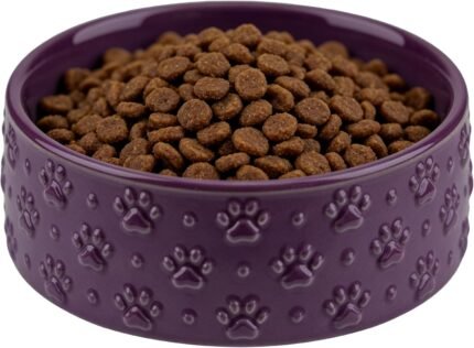 Dog Bowl，Ceramic Dog Bowls, 3 Cups 30.4OZ for Medium Dogs and Puppies，Non-Slip Weighted Pet Bowl, Can be Used as Food Bowl or Water Bowl with Paw Print Pattern (Purple Paw)
