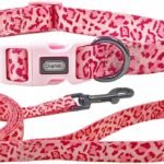Dog Collar Leash Set, Leopard Pattern, Polyester Material, Adjustable Collar and 5ft Matching Leash, for Small Dogs.(S, Pink Leopard)