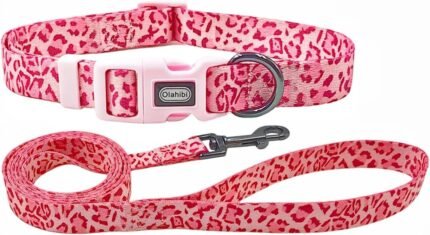 Dog Collar Leash Set, Leopard Pattern, Polyester Material, Adjustable Collar and 5ft Matching Leash, for Small Dogs.(S, Pink Leopard)
