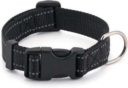 Dog Collar for Small Medium Dogs with Buckle, Breathable Adjustable Nylon Reflective Dog Collars, Black/Medium