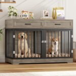 Dog Crate Furniture 47″ Wooden Dog Kennels for Dogs Indoor with a Removable Divider for Large/Medium/Small Dogs, 2 Storage Drawers and Large Tabletop Dog Cages Double Doors Dog House, Rustic