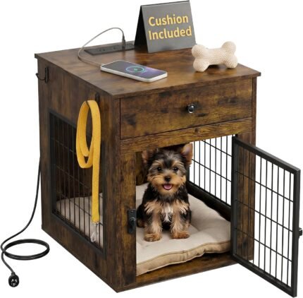 Dog Crate Furniture with Cushion and Charging Station for Indoor