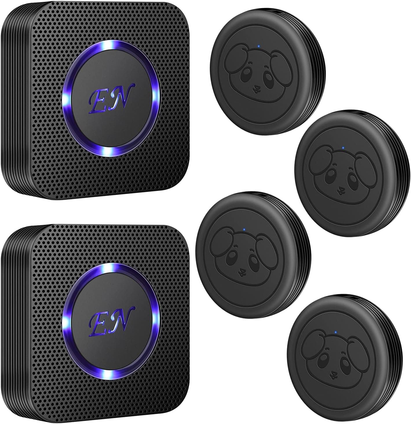 Dog Door Bell Wireless Doggie Doorbells for Potty Training with Waterproof Touch Button Dog Bells Included 2 Receivers and 4 Transmitters, Black Dog Door Bell Wireless Doggie Doorbells for Potty Training with Waterproof Touch Button Dog Bells Included 2 Receivers and 4 Transmitters, Black