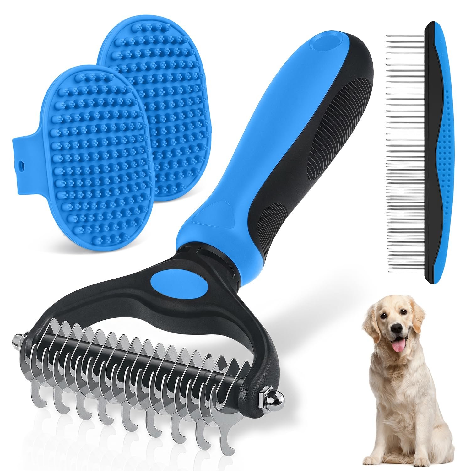 Dog Grooming Rake 4-in-1 Kit – Deshedding Undercoat Rake, Dematting Comb & Bath Massager for Dogs & Cats – Reduces Shedding up to 95% – Rounded Teeth for Sensitive Skin, Long & Short Hair Dog Grooming Rake 4-in-1 Kit – Deshedding Undercoat Rake, Dematting Comb & Bath Massager for Dogs & Cats – Reduces Shedding up to 95% – Rounded Teeth for Sensitive Skin, Long & Short Hair