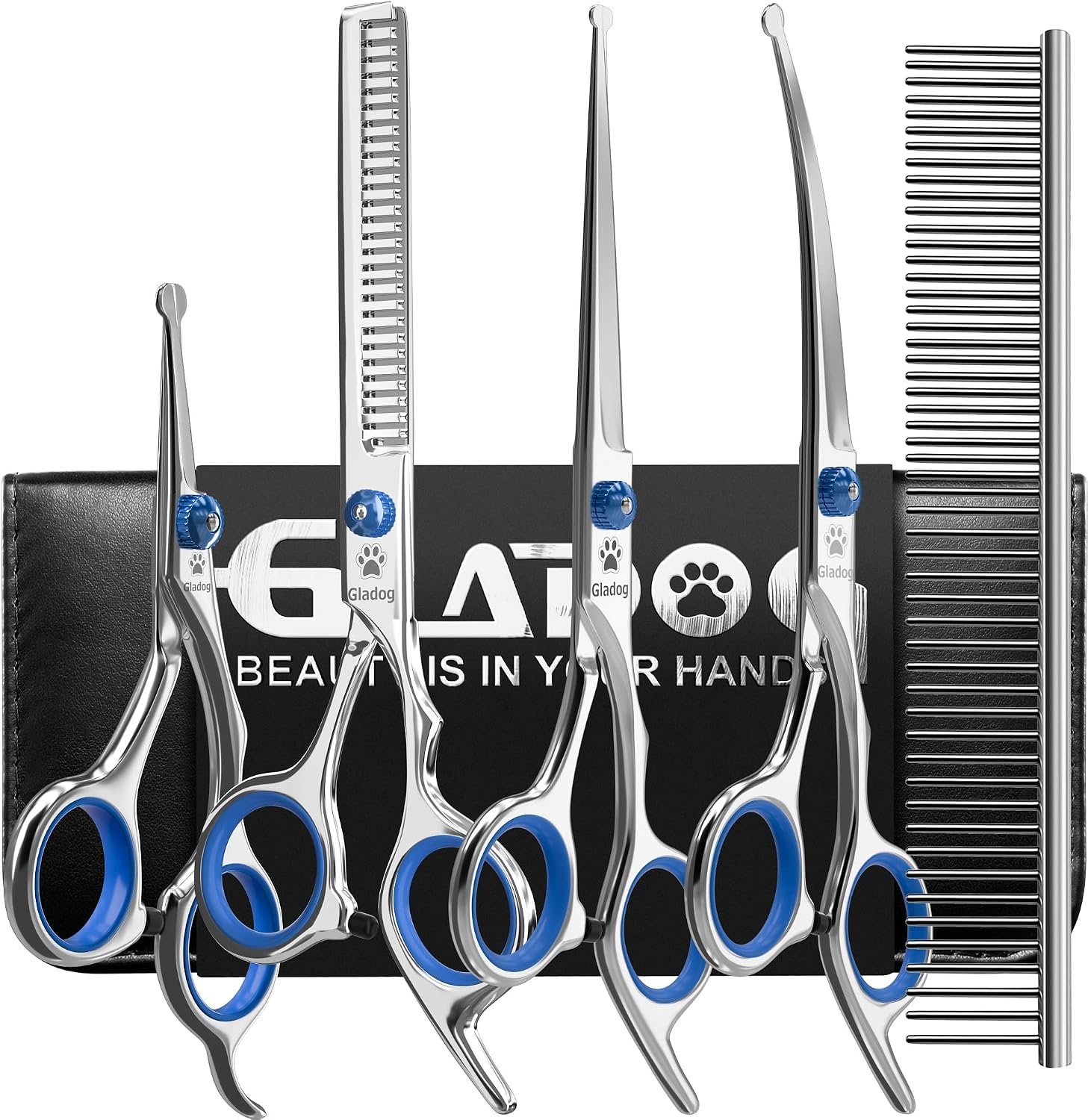 Dog Grooming Scissors Kit with Safety Round Tips, GLADOG Professional 6 in 1 Grooming Scissors for Dogs, Sharp and Heavy-duty Dog Grooming Shears for Dogs Cats Pets Dog Grooming Scissors Kit with Safety Round Tips, GLADOG Professional 6 in 1 Grooming Scissors for Dogs, Sharp and Heavy-duty Dog Grooming Shears for Dogs Cats Pets