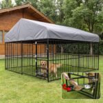 Dog Kennel Outdoor Enclosure with Roof, 10x10x7 FT Heavy Duty Outside Dog Run with Adjustable Rotating Bowls for Yard, Medium Large Dogs