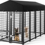 Dog Kennel Outdoor, Large Outside Dog Kennel with Roof & Swivel Feeders/Removable Doggy Door Allow Connecting Your Dog House, Heavy Duty Dog Run Pen for Medium/Large Dogs (8’L x 4’W x 6’H)