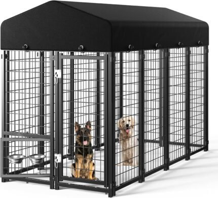 Dog Kennel Outdoor, Large Outside Dog Kennel with Roof & Swivel Feeders/Removable Doggy Door Allow Connecting Your Dog House, Heavy Duty Dog Run Pen for Medium/Large Dogs (8'L x 4'W x 6'H)