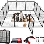 Dog Play Pen Indoors/Outdoor,32” Portable Dog Fence with Easy-Carry Straps,12 Panels Dogs Pen Play Pen for Medium/Large Dogs,Rustproof Metal Pet Playpen for Camping RV Yard (with Two Doors)