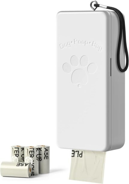 Dog Poop Bag Dispenser Wall Mount with Magnetic Lid, Quick Pull & Easy Access, White Dog Poop Bag Holder for Outdoor Yard, Includes 4 Rolls (60 Bags)