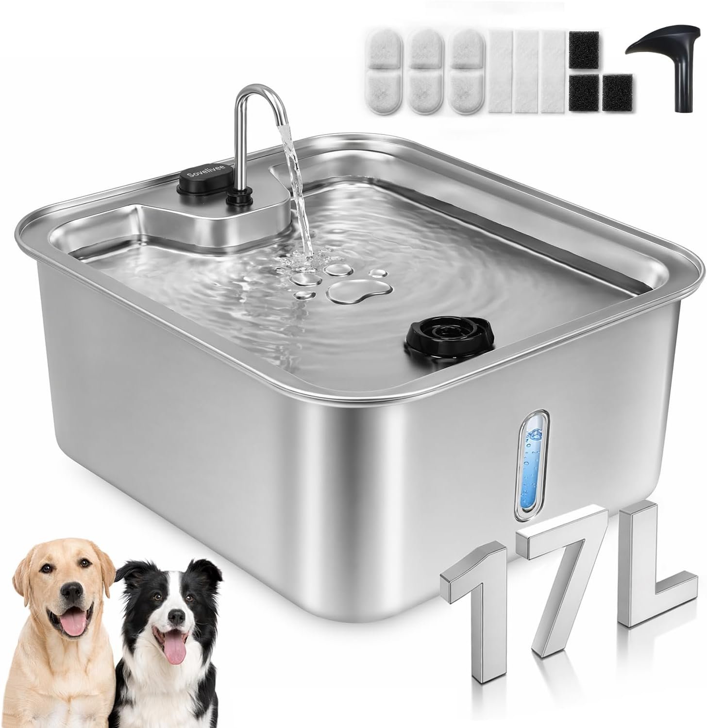 Dog Water Fountain, 4.5Gal/17L Quiet LED Blue Light Stainless Steel Pet Water Fountain for Large Dogs Indoor with 3 Replacement Filters, Multi-Filtration & Deeper Drinking Surface Dog Water Fountain, 4.5Gal/17L Quiet LED Blue Light Stainless Steel Pet Water Fountain for Large Dogs Indoor with 3 Replacement Filters, Multi-Filtration & Deeper Drinking Surface