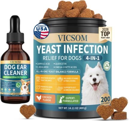 Dog Yeast Infection Treatment Bundle for Dogs, Anti Yeast Soft Chews + Dog Ear Infection Treatment Drops, Ear Cleaner for Dogs with Ozonated Olive Oil, Itchy Skin, Paw Licking, Ear Odor & Wax Support,