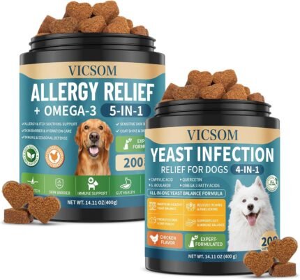Dog Yeast Infection Treatment & Dog Allergy Relief Bundle, 2 x 200 Soft Chews with Caprylic Acid, Omega 3 & Probiotics, Anti Yeast Support for Itchy Skin, Paw Licking, Ear Odor, Gut, Immune & Coat