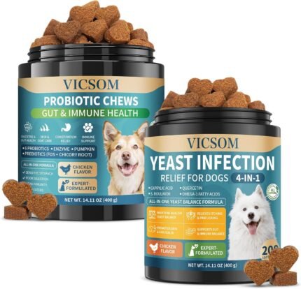 Dog Yeast Infection Treatment & Probiotics for Dogs Bundle, 2 x 200 Soft Chews with Caprylic Acid, Probiotics, Digestive Enzymes & Pumpkin, Gut Health
