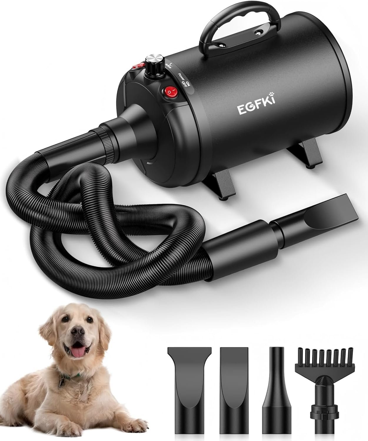 EGFKI Dog Dryer, 5.2HP/ 3800W Pet Grooming High Velocity Force Blower with 4 Nozzles, Adjustable Speed and Temperature Dog Hair Dryers for Grooming EGFKI Dog Dryer, 5.2HP/ 3800W Pet Grooming High Velocity Force Blower with 4 Nozzles, Adjustable Speed and Temperature Dog Hair Dryers for Grooming
