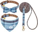 EXPAWLORER Puppy Collar and Leash Set - Embroidery Pawprints Plaid Dog Collar and Dog Leash Set, Bow Tie and Bandana Dog Collar with Bell, Cute Collar and Leash for Dogs Cats Outdoor Walking, Blue S