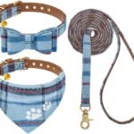 EXPAWLORER Puppy Collar and Leash Set – Embroidery Pawprints Plaid Dog Collar and Dog Leash Set, Bow Tie and Bandana Dog Collar with Bell, Cute Collar and Leash for Dogs Cats Outdoor Walking, Blue S