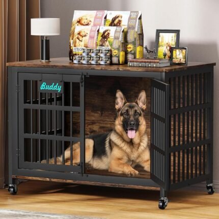 EasyCom 46 in Heavy Duty Dog Crate Furniture on Lockable Wheels (DC103)