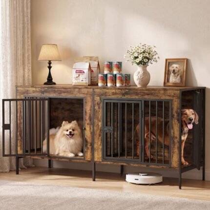 EasyCom 55″ Wooden Double Dog Crate Furniture, Brown (DC102)
