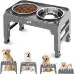 Elevated Bowls, 4 Height Adjustable Raised Stand With 2 Thick 50oz Stainless Steel Food Bowls, Non-Slip Feeder for Large Medium Dogs, Adjusts to 3.7″, 9.2″, 10.75″, 12.36″ Grey