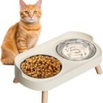 Elevated Cat Bowl, Raised Cat Food and Water Bowl Set for Indoor Cats, Splash Proof with 2 Stainless Steel Pet Food Bowls for Cats and Puppies, Whisker Fatigue and Dishwasher Safe – White