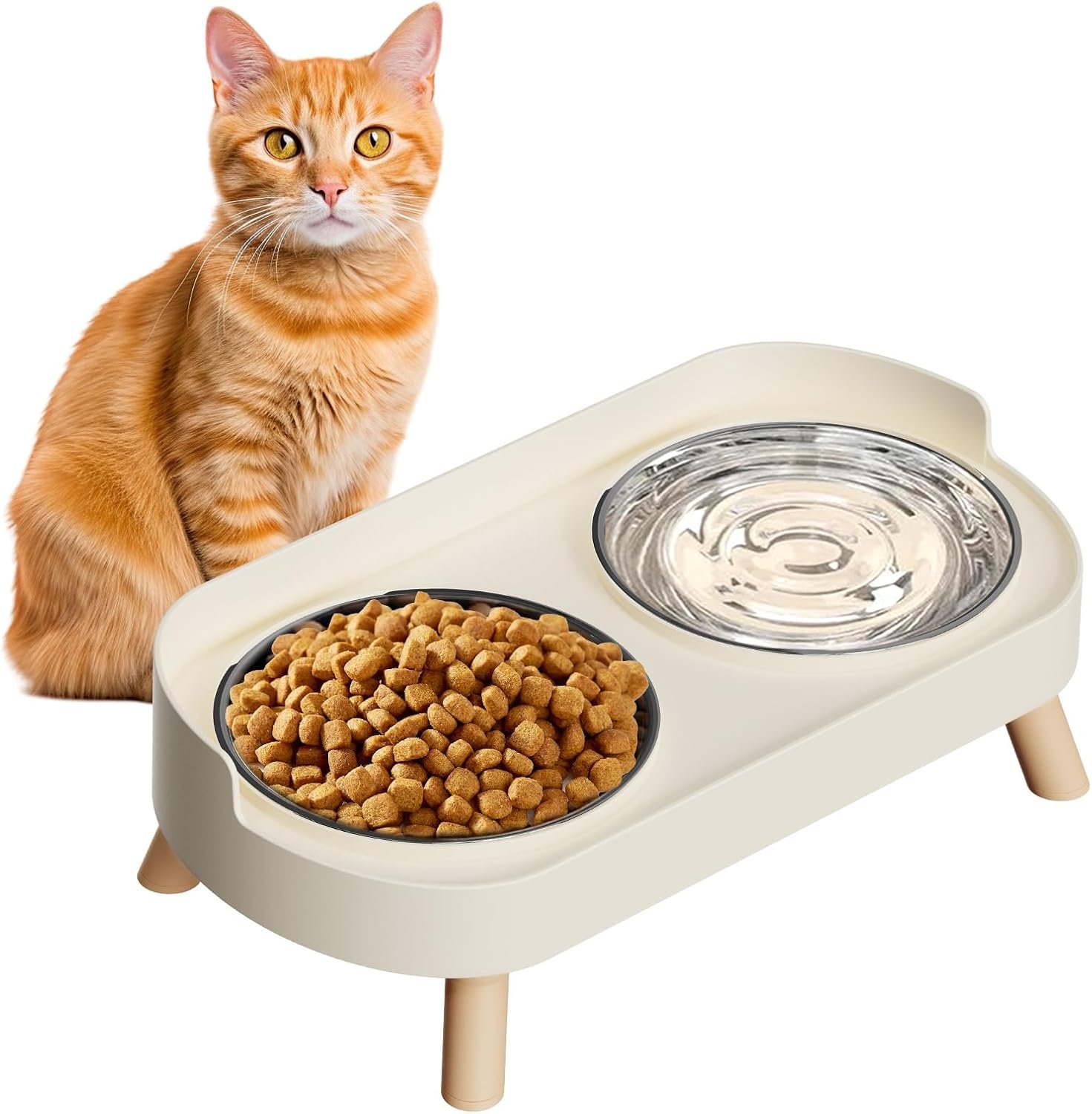 Elevated Cat Bowl, Raised Cat Food and Water Bowl Set for Indoor Cats, Splash Proof with 2 Stainless Steel Pet Food Bowls for Cats and Puppies, Whisker Fatigue and Dishwasher Safe – White Elevated Cat Bowl, Raised Cat Food and Water Bowl Set for Indoor Cats, Splash Proof with 2 Stainless Steel Pet Food Bowls for Cats and Puppies, Whisker Fatigue and Dishwasher Safe – White