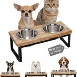 Elevated Dog Bowls, 4” Small Dogs & Cats Raised Bowl Mango Wood Stand, Food & Water 2 Stainless Steel Dishes Each 16oz/2Cup Capacity, Non-Slip Pet Feeder Station in Brown for Toy Breeds