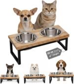 Elevated Dog Bowls, 4” Small Dogs & Cats Raised Bowl Mango Wood Stand, Food & Water 2 Stainless Steel Dishes Each 16oz/2Cup Capacity, Non-Slip Pet Feeder Station in Brown for Toy Breeds