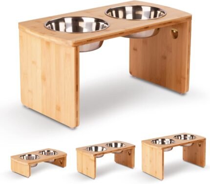 Elevated Dog Bowls, Bamboo Raised Dog Bowl Stand (10″ Tall)