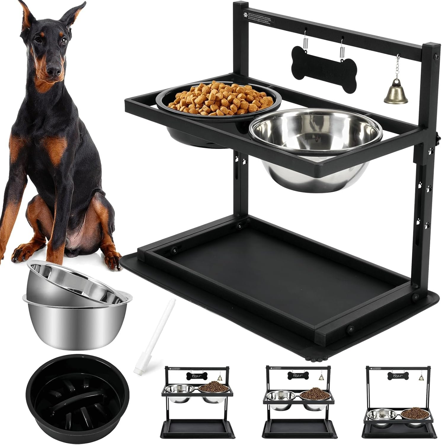 Elevated Dog Bowls with Slow Feeder for Large Dogs – Adjustable Raised Stand with 2 Stainless Steel Bowls & Spill-Proof Mat, Non-Slip Dog Feeder for Large & Medium Dogs (Black) Elevated Dog Bowls with Slow Feeder for Large Dogs – Adjustable Raised Stand with 2 Stainless Steel Bowls & Spill-Proof Mat, Non-Slip Dog Feeder for Large & Medium Dogs (Black)