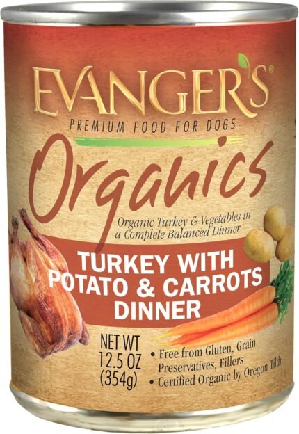 Evanger's Organics Turkey with Potato & Carrots Dinner for Dogs – 12 Count, 12.5 oz Each – qualified Organic, Grain Free, GMO Free – Nutrient-Dense Recipe with Organic Vegetables – Wet Dog Food