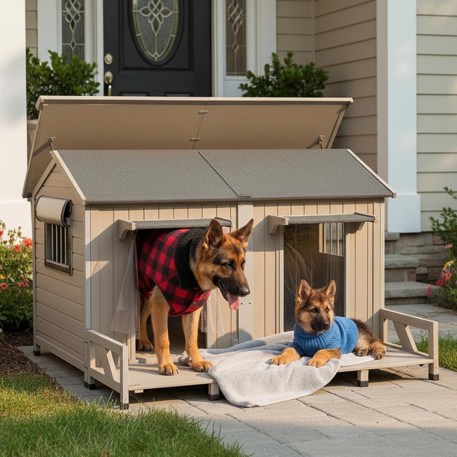 Extra Large Outdoor Dog House with Balcony, Weatherproof House for 2 Dogs Extra Large Outdoor Dog House with Balcony, Weatherproof House for 2 Dogs