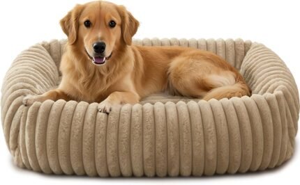 FURTIME Dog Bed Medium Size Dog, Washable Orthopedic Pet Bed with Removable Cover, Rectangle Soft Calming Sleeping Puppy Bed Durable Pet Cuddler with Anti-Slip Bottom, Beige, M Plus (30"x24"x8")