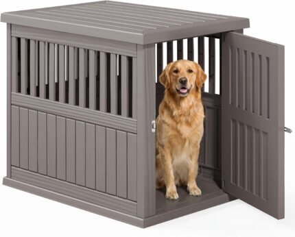 Fancyango Heavy Duty Dog Crate Furniture Lockable Indoor Outdoor Kennel & End Table for Small/Large Dogs Decorative Plastic Pet Crate (Grey, 39.4" L x 28.4" W x 32.6" H)