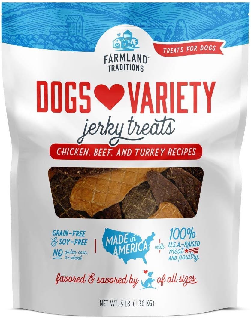 Farmland Traditions Dogs Love Jerky Dog Treats, Premium Dog Jerky Variety Pack with Chicken, Beef & Turkey, 3 Pound Bag Farmland Traditions Dogs Love Jerky Dog Treats, Premium Dog Jerky Variety Pack with Chicken, Beef & Turkey, 3 Pound Bag