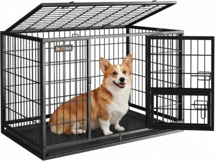 Feandrea 36.4″ Heavy-Duty Dog Crate, Convenient Feeding Door, Double Doors