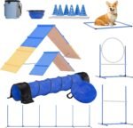 FetchFlow Dog Agility Training Equipment – Complete Backyard Agility Course Set w/Adjustable A-Frame Ladder, Weave Poles, Cones, Jump Hoop, Tunnel & Sandbags – Outdoor Dog Playground Kit