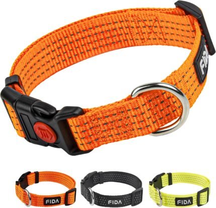 Fida Reflective Nylon Dog Collar with Neon Color for Medium Dogs, Orange