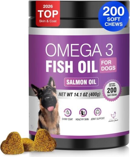 Fish Oil for Dogs Allergy and Itch Relief Chews – Omega 3 for Dog Skin and Coat Care – Salmon Oil for Dogs Anti Shedding Supplement Hot Spot Treatment EPA & DHA 200 Ct