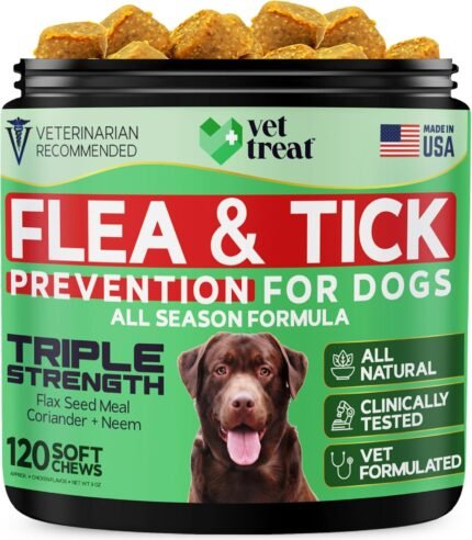 Flea and Tick Prevention for Dogs Chewables -Made in USA- Natural Dog Flea and Tick Treatment – Oral Flea Pills – Vet Recommended Flea and Tick Chews – All Breeds & Sizes – 120 Soft Treats (Chicken)