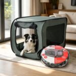 Foldable 36″ Dog Crate for Medium Dogs, Portable Waterproof Pop-Up Pet Kennel with Zipper, Collapsible Lightweight Indoor Outdoor Travel Cage with Tie-Down Straps & Ground Nails (Grren)