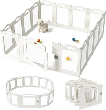 Foldable Clear Acrylic Dog Playpen with Door, 23.6" Acrylic Puppy Playpen, Easy Assemble Indoor Pet Fence with White Frame, Clear Dog Playpen for Puppies & Animal (White, 23.6‘H, 12 Panels + 1 Door)