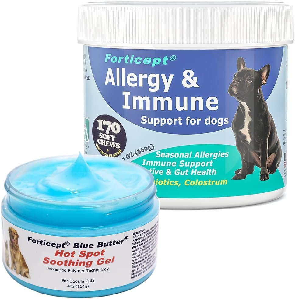 Forticept Allergy Immune Itch Relief Kit, Blue Butter Hot Spot Gel 4oz & Allergy Immune Suplement for Dogs 170Chews Forticept Allergy Immune Itch Relief Kit, Blue Butter Hot Spot Gel 4oz & Allergy Immune Suplement for Dogs 170Chews