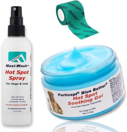 Forticept Hot Spot Treatment and Wound Care Kit for Dogs&Cats |Hotspot Wound Wash Spray 8oz + Wound Care Ointment 4oz + 2″ 5 Yards Wound and Paw Bandage Wrap | First Aid Kit
