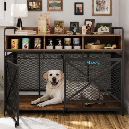Fulhope Dog Crate Furniture, 48" Heavy Duty Wooden Dog Crate End Table, XL Dog Kennel Furniture Large Breed, Decorative Dog Kenne Indoor with 3 Drawers & Steel Tubes 48" L x28 W x36 H (Rustic Brown)