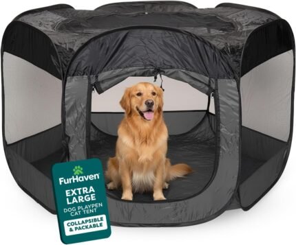 FurHaven Soft-Sided Dog & Cat Playpen, Portable Foldable Indoor & Outdoor Pet Playpen with Mesh Windows & Zippered Door, Gray, Extra Large