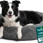 Furhaven 36″ Round Calming Donut Dog Bed for Large/Medium Dogs, Refillable w/ Removable Washable Cover, For Dogs Up to 75 lbs – Shaggy Plush Long Faux Fur Donut Bed – Gray, Large