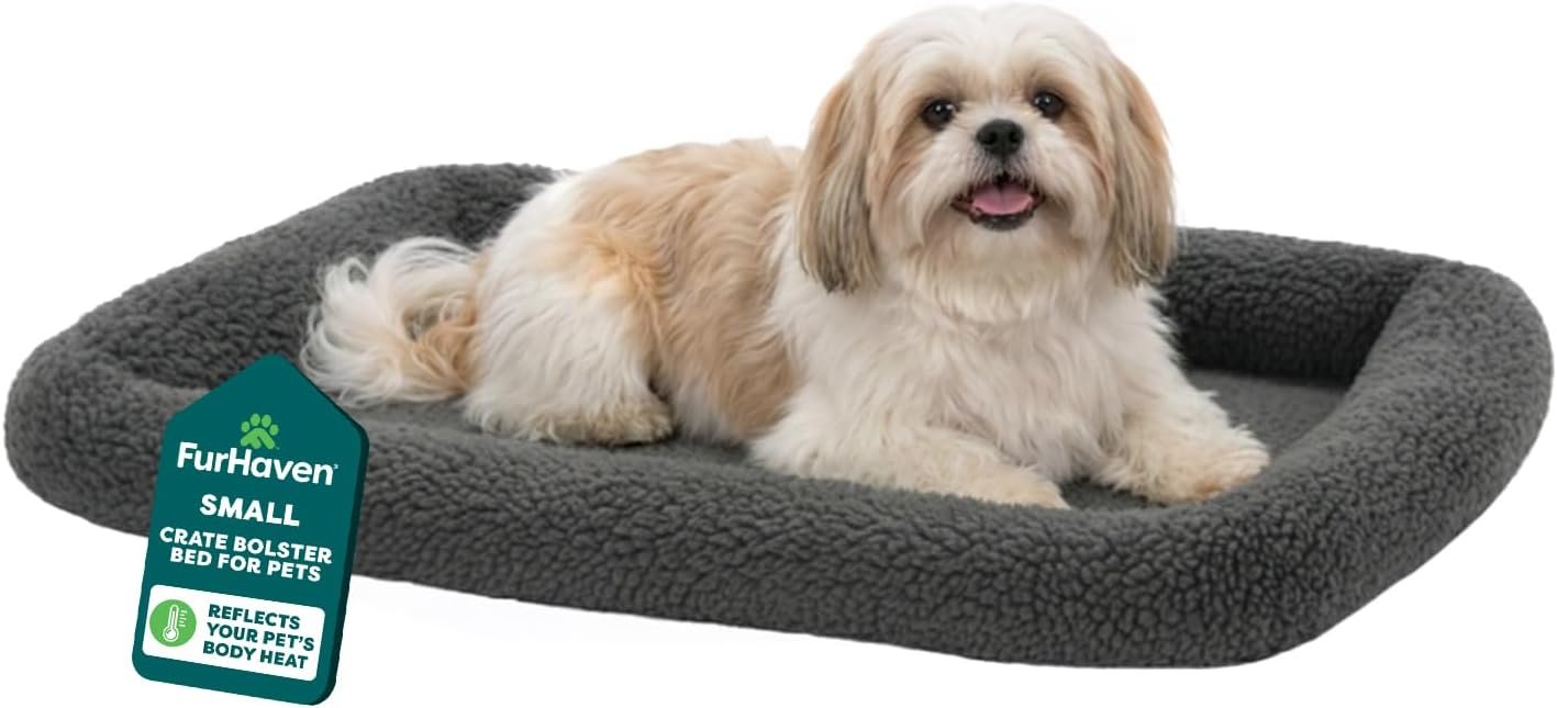 Furhaven Dog Bed for Small Dogs & Indoor Cats, 100% Washable, Sized to Fit Crates – Sherpa Fleece Bolster Crate Pad – Gray, Small Furhaven Dog Bed for Small Dogs & Indoor Cats, 100% Washable, Sized to Fit Crates – Sherpa Fleece Bolster Crate Pad – Gray, Small